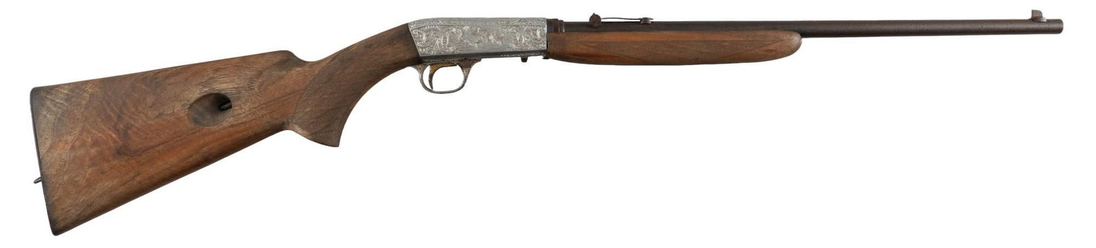 Belgian Browning SA-22 Grade III 22 LR Semi Auto Rifle: Serial: T28171 Manufacturer: FN-Belgium / Browning Arms Co. Model: SA-22 Grade III Caliber: 22 LR Barrel length: 19.5 in. OAL: 37 in. Condition: Fair; wood stock & forend were water damaged on exterio