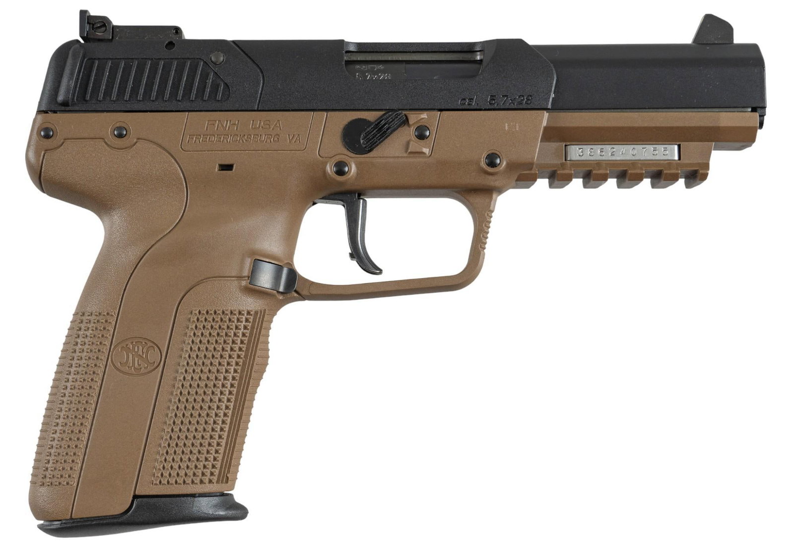 FN Five seveN 5.7x28mm Semi Auto Pistol: Serial: 386240755 Manufacturer: FN Herstal, Belgium Model: Five seveN Caliber: 5.7x28mm Barrel length: 4.75 in OAL: 8.5 in Condition: Very Good- Excellent; polymer frame has near no handling marks; Sl