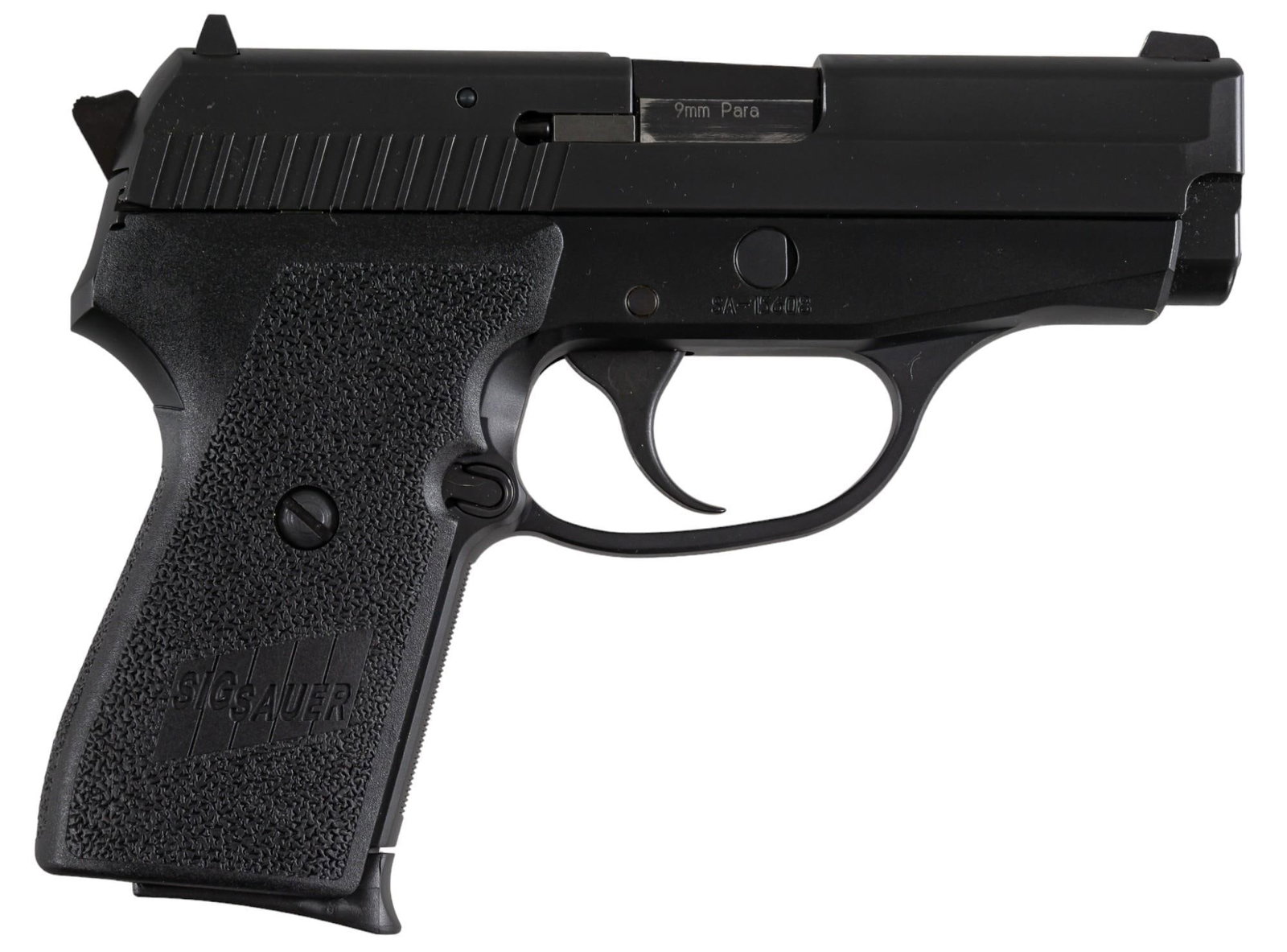 Sig Sauer P239 9mm Semi-Auto Pistol: Serial: SA-15608 Manufacturer: SIGARMS INC. USA (c. 1995) Model: P239 Caliber: 9mm Barrel length: 3.5 in. OAL: 6.5 in. Condition: Good; synthetic grips have very light wear; slide & frame have ver