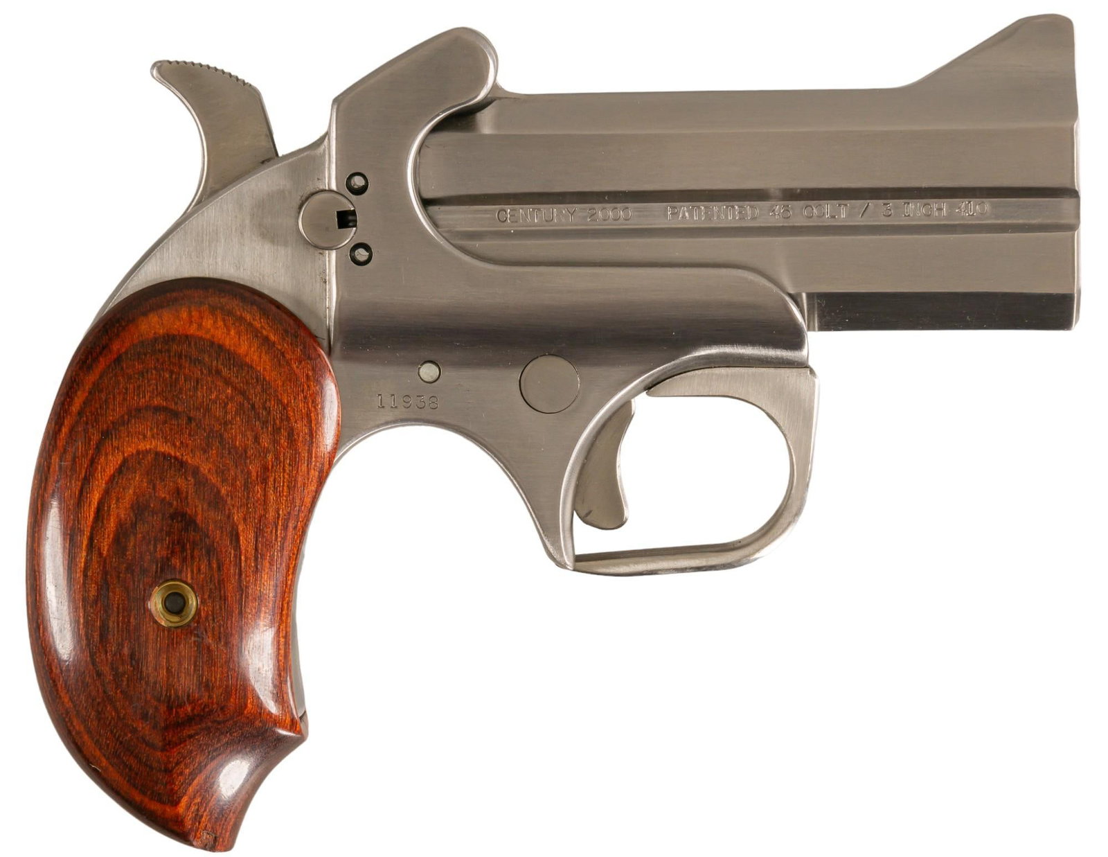 Bond Arms Century 2000 45LC / 410 Derringer: Serial: 11938 Manufacturer: Bond Arms Model: Century 2000 Caliber: 45 Colt / 410 Bore (3 inch) Barrel length: 3.5 in. OAL: 5.5 in. Condition: Very Good; plain rosewood extended grips have little wear 