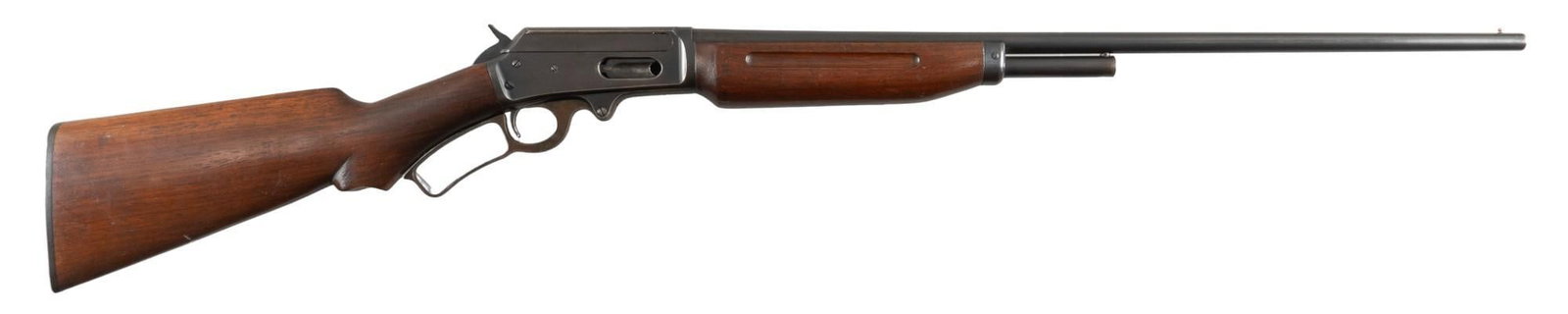 Marlin Model 410 Lever Action Shotgun: Serial: U2134 Manufacturer: Marlin (c. 1929-1932) Model: 410 Caliber: 410 Bore Barrel length: 26 in. OAL: 44 in. Condition: Good; wooden stock & forend have light-moderate handling marks throughou