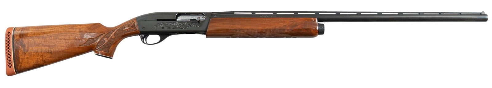 Remington 1100 Trap 12 Gauge Semi Auto Shotgun: Serial: M856829V Manufacturer: Remington Arms Co. Model: 1100 Trap Caliber: 12 Gauge (2.75 in. chamber) Barrel length: 30 in. (fixed full choke) OAL: 51 in. (LOP: 14.5 in.) Condition: Very Good; wood 