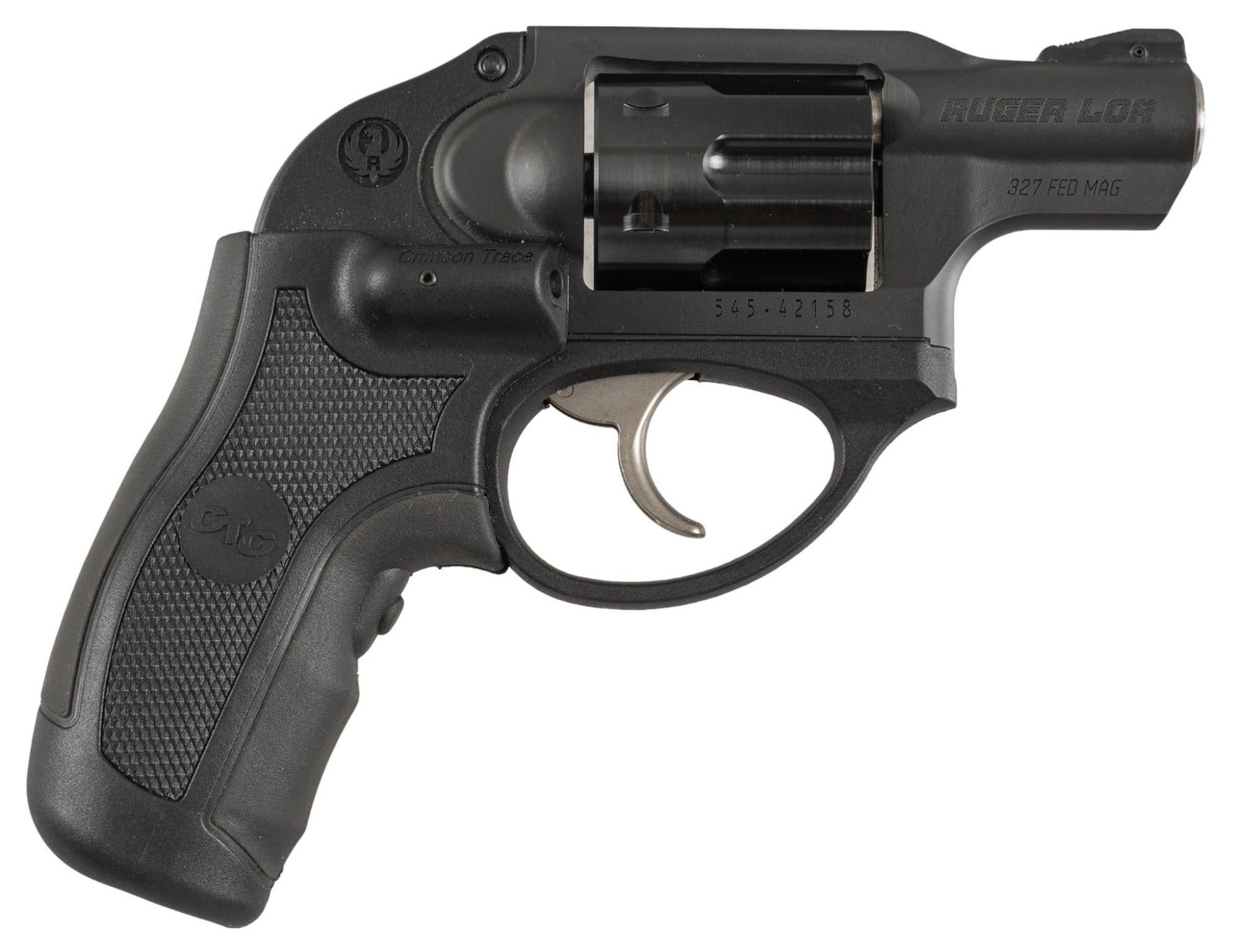 Ruger LCR 327 Fed Mag DAO Revolver w/ CT Grip: Serial: 545-42158 Manufacturer: Sturm, Ruger & Co. Caliber: 327 Federal Magnum Barrel length: 1.875 in. OAL: 5.75 in. Condition: Very Good; crimson trace laser grips have very light handling marks