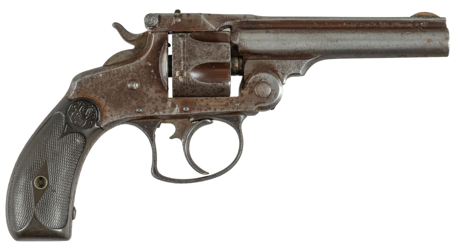 Smith & Wesson Third Model Top-Break 32 S&W DA Revolver: Serial: 29015 Manufacturer: Smith & Wesson (c. 1882) Model: DA Third Model Top-Break Caliber: 32 S&W Barrel length: 3.5 in. OAL: 7.25 in. Condition: Fair; hard rubber grips have wear & pat