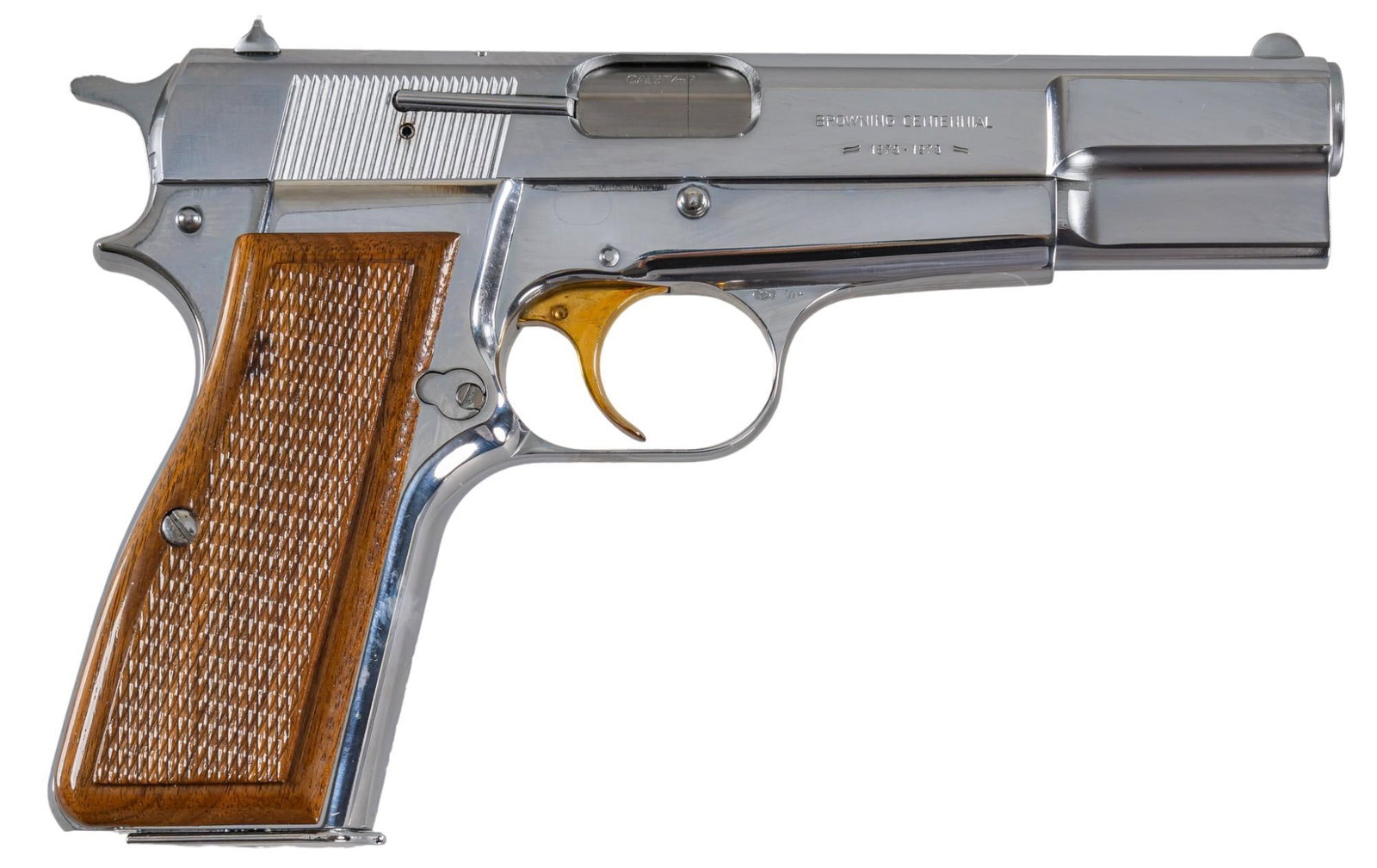 Cased Browning HI-Power Centennial 9mm Pistol: Serial: 1878D-2124 Manufacturer: FN-Belgium / Browning Arms Company (c. 1978) Model: Centennial HI-Power Caliber: 9mm Barrel length: 4.625 in. OAL: 8.25 in. Condition: Excellent-Like New in Box; grips
