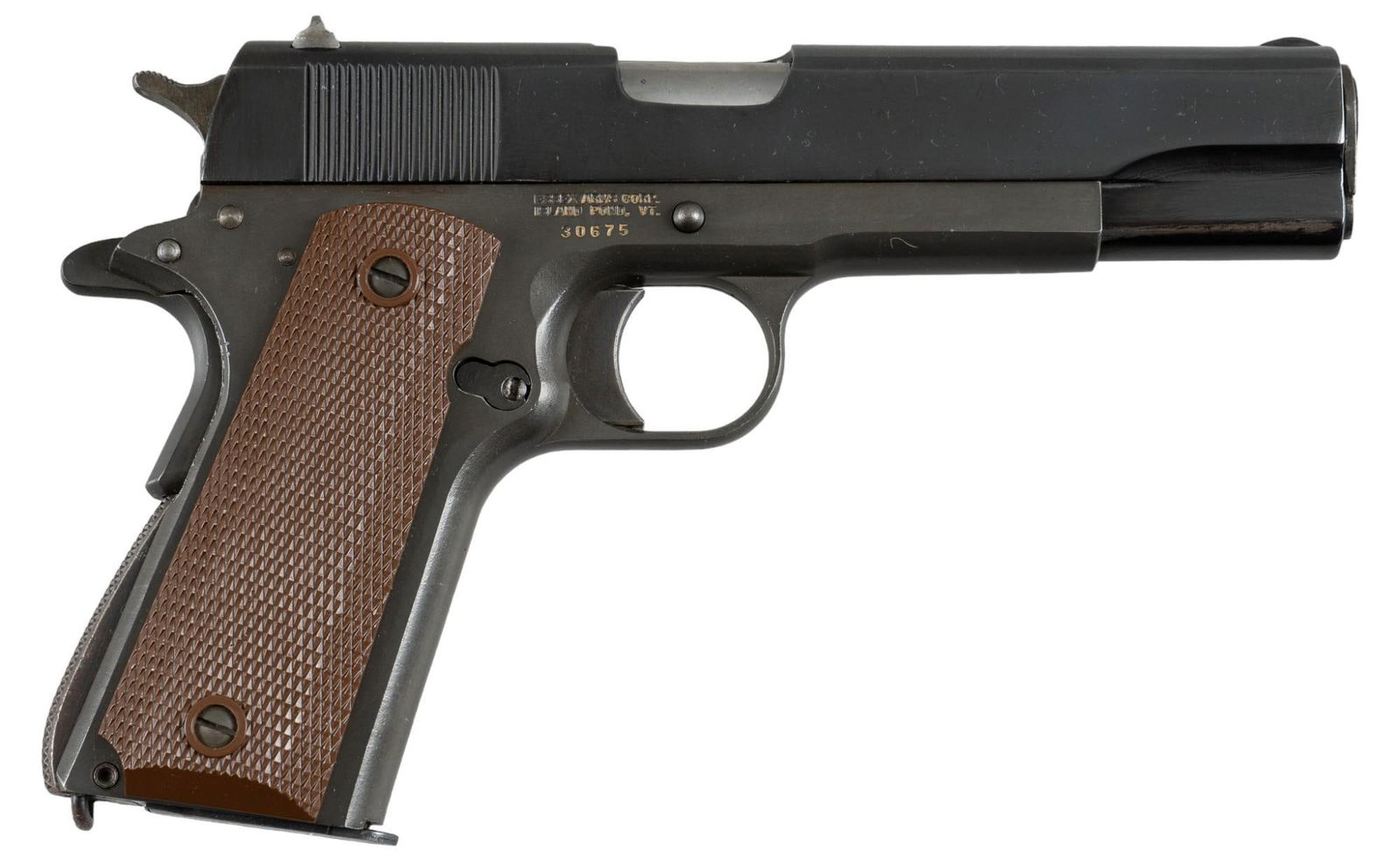 Essex Arms 1911A1 45acp Pistol: Serial: 30675 Manufacturer: Essex Arms Corp. Model: 1911A1 Caliber: 45acp Barrel length: 5 in. OAL: 8.25 in. Condition: Good; Bakelite grips have slight wear & handling marks; slide has moderate w