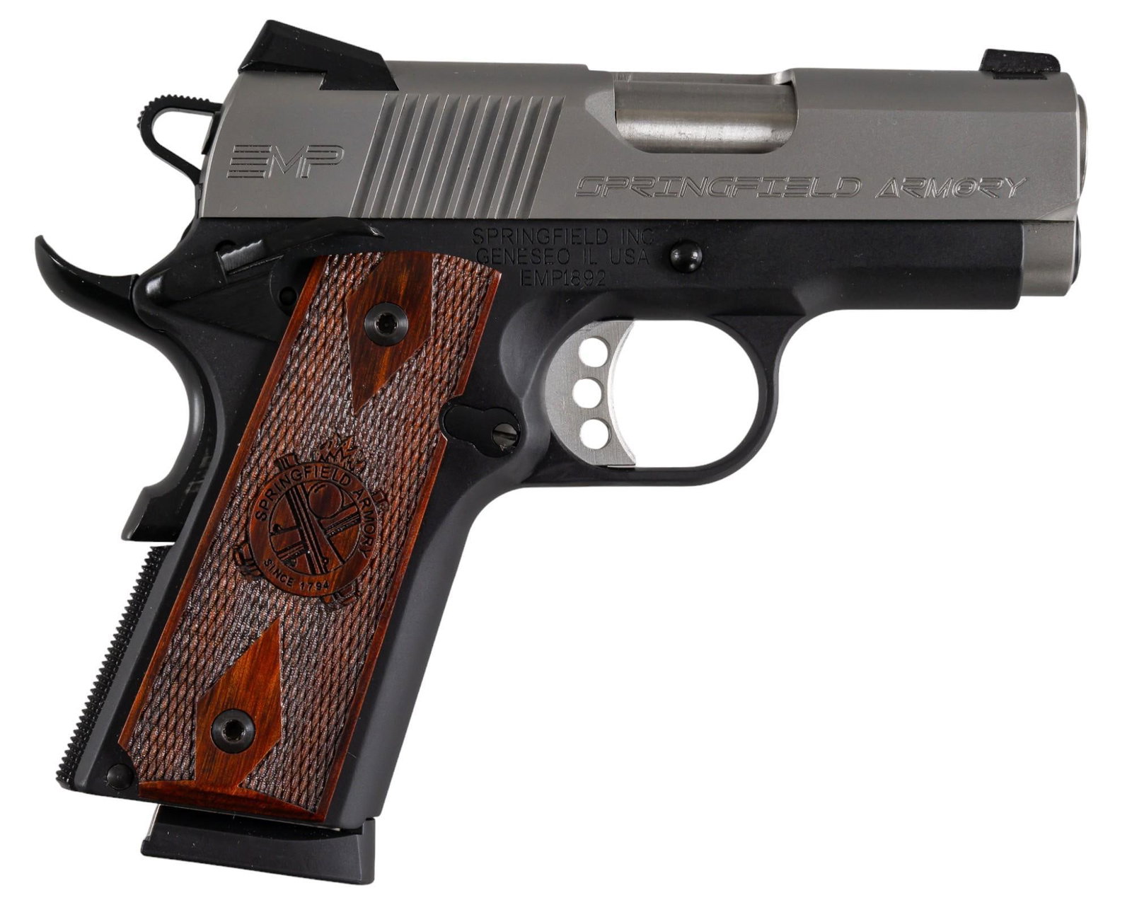 Springfield 1911 EMP 9mm Semi-Auto Pistol: Serial: EMP1892 Manufacturer: Springfield Inc. Model: EMP Caliber: 9mm Barrel length: 3 in. OAL: 6.5 in. Condition: Very Good; cocobolo factory grips have very light wear; slide & frame have very 