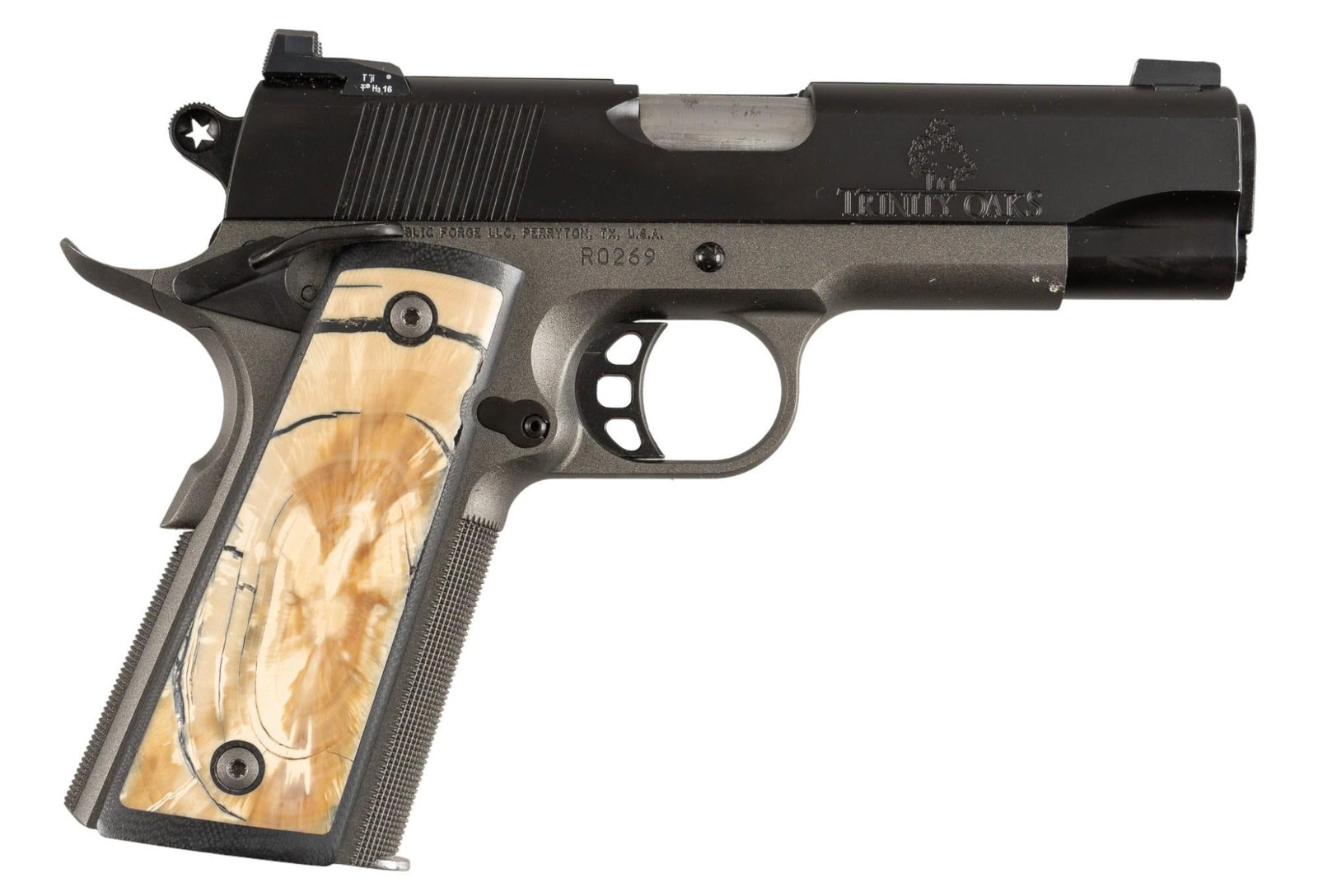 Custom Republic Forge Patriot 1911 Pistol W/ Mammoth Grips: Serial: R0269 Manufacturer: Republic Forge LLC Model: Patriot Commander Custom (Trinity Oaks Outdoors) Caliber: 45 ACP Barrel length: 4.25 in. OAL: 8 in. Condition: Excellent; Mammoth & G10 grips have