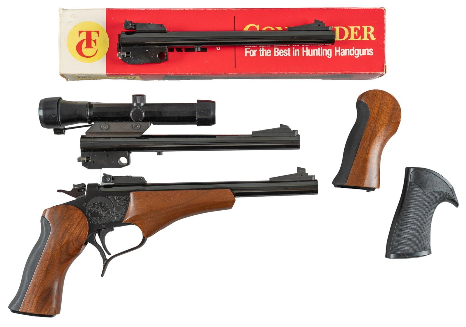 T/C Arms Contender Multi Barrel Set Target Pistol: Serial: 274732 Manufacturer: Thompson Center Arms Model: Contender Caliber: 45 Colt/410 Ga (installed)/ 22 Hornet / 22 LR Barrel length: 10 in. OAL: 14 in. (1 barrel box: 15.5 x 3.25 x 2.5 in.) Condit