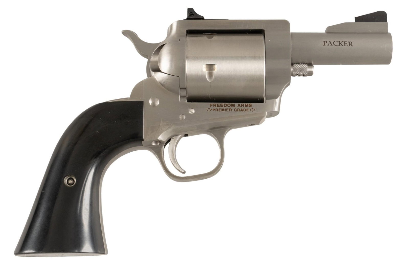 Freedom Arms Model 353 Packer Premier Grade 357 Mag Revolver: Serial: H0392 Manufacturer: Freedom Arms Model: 353 Packer Premier Grade Caliber: 357 Magnum Barrel length: 3 in. OAL: 9 in. (box: 17.25 x 8.5 x 3 in.) Condition: Excellent; black micarta grips have v