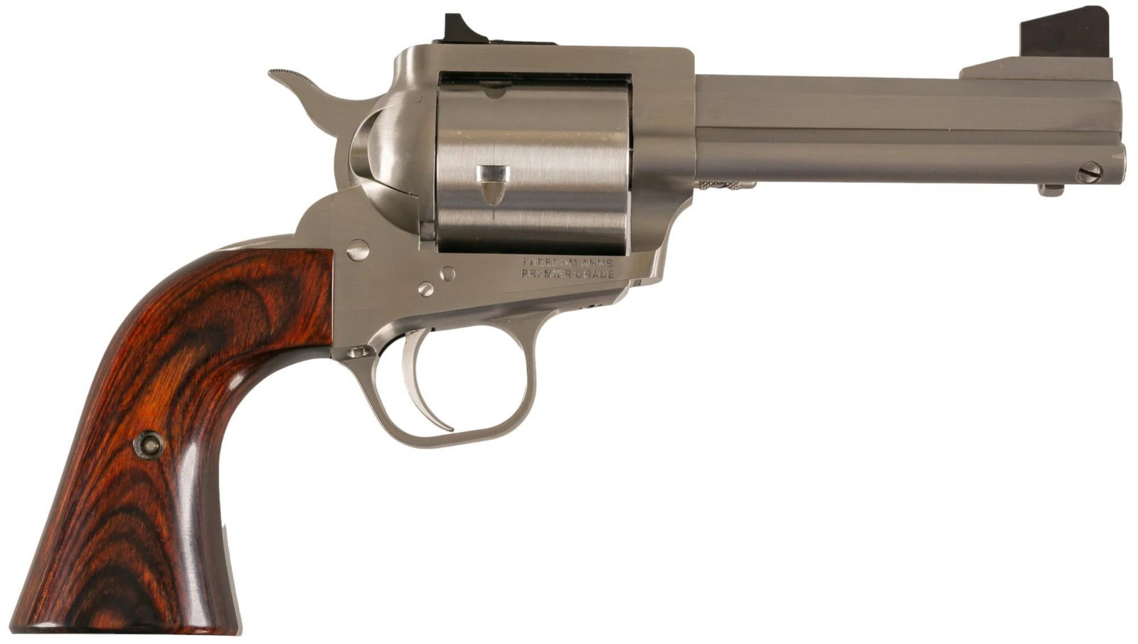 Nice Freedom Arms Model 1997 Premier Grade 45 Colt Revolver: Serial: P 0670 Manufacturer: Freedom Arms Model: 1997 Premier Grade Caliber: 45 Colt Barrel length: 4 in. OAL: 9.5 in. Condition: Very Good; wood grips have light wear with a small scratch on the bott