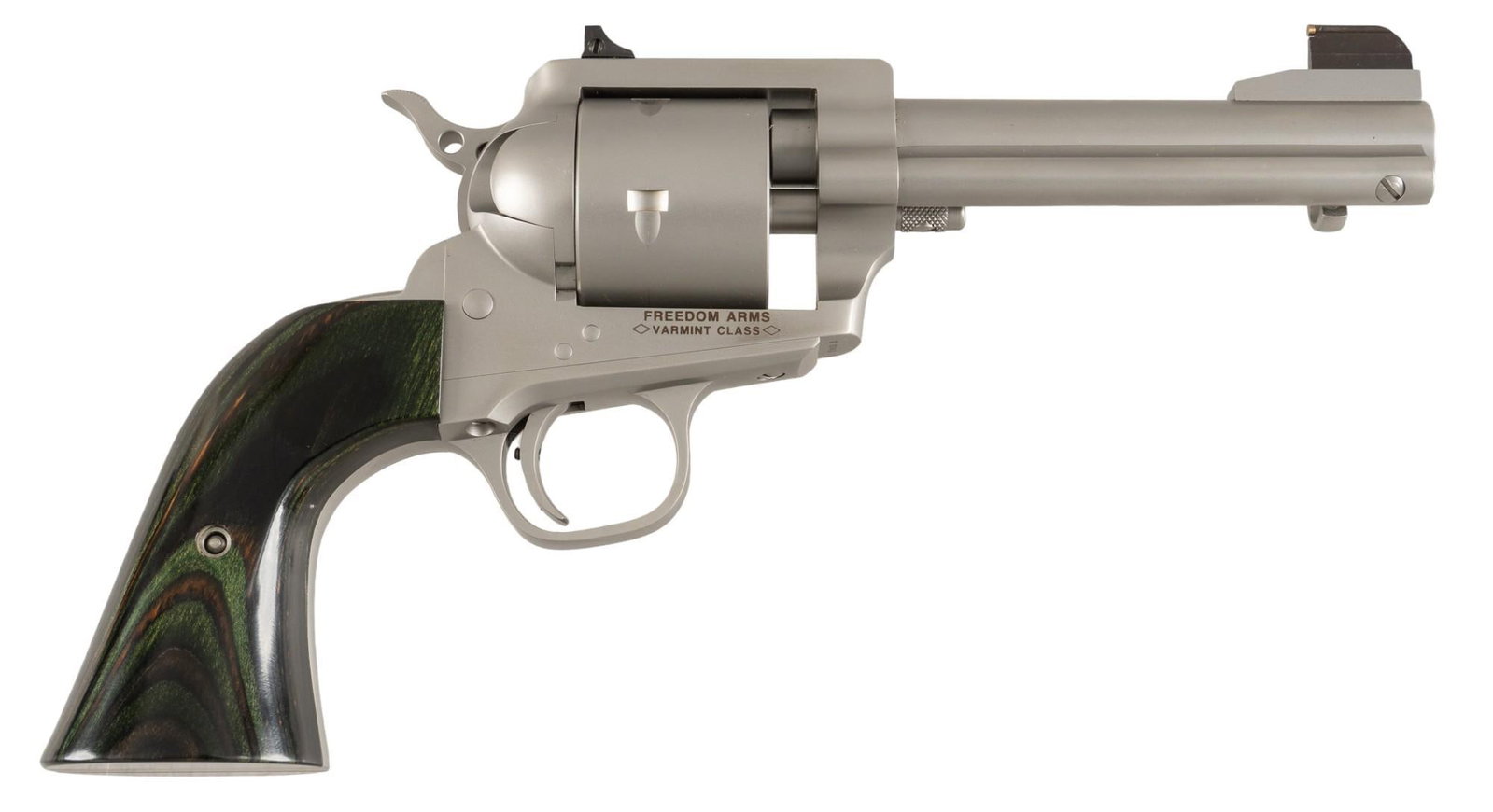 Freedom Arms Model 252 Varmint Class 22 LR/Mag Revolver: Serial: G0741 Manufacturer: Freedom Arms Model: 252 Varmint Class Caliber: 22 LR / 22 Mag Barrel length: 5 in. OAL: 11 in. (box: 17.25 x 8.5 x 3 in.) Condition: Excellent; laminate grips have very lig