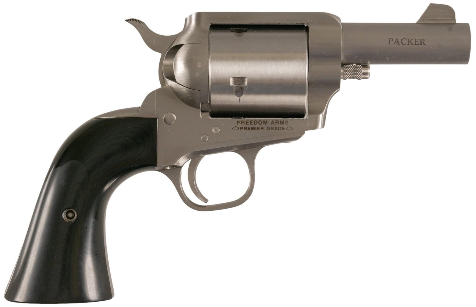 Rare Freedom Arms Packer Premier Grade 44 Mag Revolver: Serial: F 7895 Manufacturer: Freedom Arms Model: Packer Premier Grade Caliber: 44 Magnum Barrel length: 3 in. OAL: 8.5 in. Condition: Very Good; black micarta grips have very little wear & handlin
