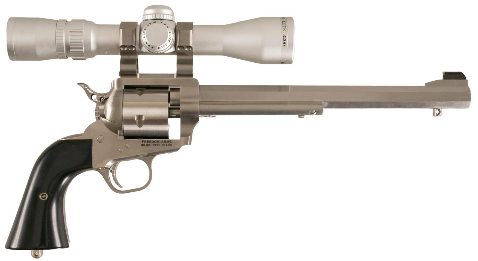 Nice Freedom Arms Model 83 Silhouette Class 22LR Revolver: Serial: G-22M-LA Manufacturer: Freedom Arms Model: 83 Caliber: 22LR Barrel length: 10 in. OAL: 15.5 in. Condition: Very Good; black micarta grips have very light wear; barrel & frame have very lig