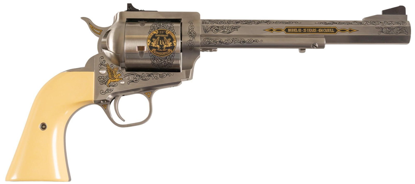 Ultra Rare Cased 25th Anniversary Ed. Freedom Arms Model 83 Revolver: Serial: D-M83-09 Manufacturer: Freedom Arms (c. February 6, 2009) Model: 25th Anniversary Edition Model 83 ( #9 of 25) Caliber: 454 Casull Barrel length: 7.5 in. OAL: 13 in. Condition: Near Mint; bone