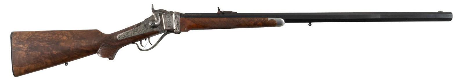 Beautiful Custom Shiloh Sharps 1874 45-70 Govt Single Shot Rifle: Serial: B9053 Manufacturer: Shiloh Sharps Model: 1874 Long Range Express Caliber: 45-70 Barrel length: 30 in. OAL: 47 in. Condition: Excellent - Very Good : extra fancy grade Walnut stock & forend