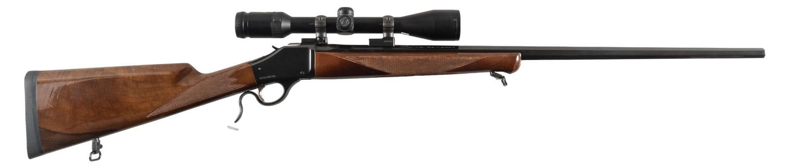 Browning Model 1885 High Wall 22-250 Rifle W/ Zeiss Scope: Serial: 02513NP371 Manufacturer: Miroku-Japan / Browning Arms Co. (c. 1998) Model: 1885 High Wall Caliber: 22-250 Rem Barrel length: 28 in. OAL: 44 in. Condition: Excellent; glossy wood stock has litt