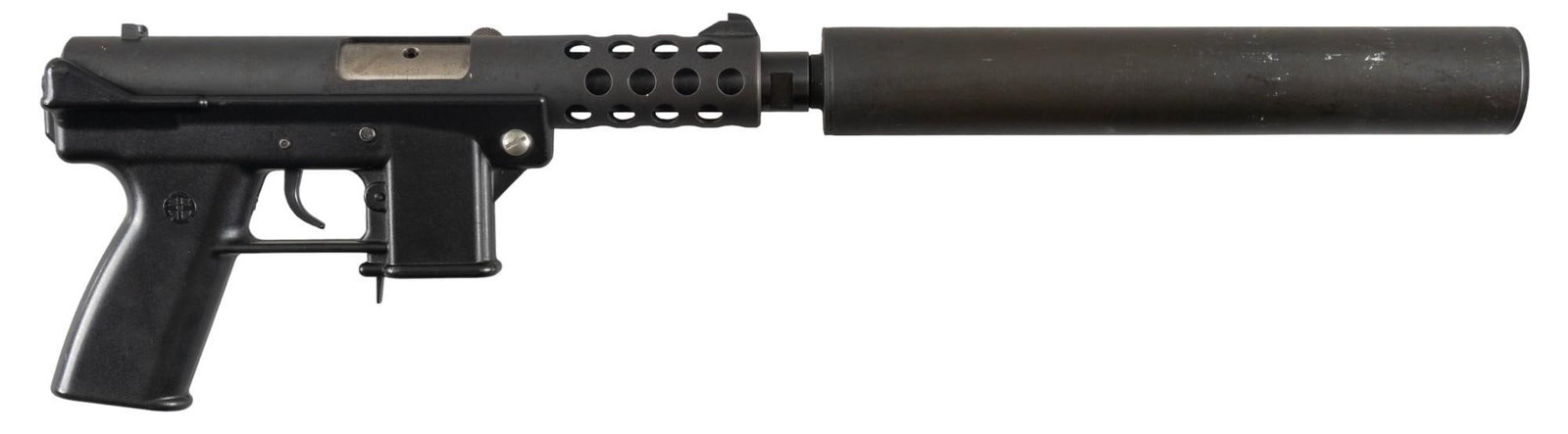 Rare Pre-Ban Interdynamic KG-9 9mm Open-Bolt Pistol: Serial: 02963 Manufacturer: Interdynamic-Miami, FL Model: KG-9 Caliber: 9mm Barrel length: 6.5 in. (16.5 in. w/ barrel extension) OAL: 14 in. (24 in. w/ barrel extension) Condition: Good; polymer fram