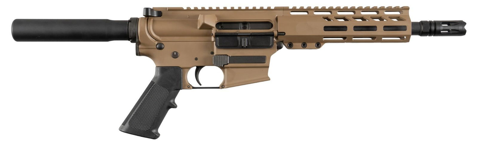 Like New Anderson AM-9 9mm Semi Auto AR Pistol: Serial: 9200856 Manufacturer: Anderson Mfg. Model: AM-9 Caliber: 9mm Barrel length: 8.5 in. (10.5 w/ muzzle device) (1/10 twist) OAL: 24.25 in. w/ buffer tube Condition: Very Good; very light handling