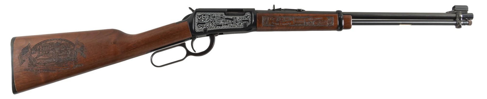Custom Historical Armory Scott County Missouri Henry Lever Action Rifle: Serial: 522851H Manufacturer: Henry Repeating Arms Co. / Historical Armory Model: Classic H001 Scott County Missouri Engraved (#25 of 25) Caliber: 22 LR Barrel length: 18.5 in. OAL: 37 in. Condition: 