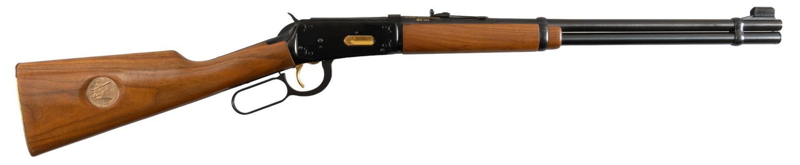 Illinois Sesquicentennial Winchester 94 30-30 Saddle Ring Carbine: Serial: IS26643 Manufacturer: Winchester (c. 1968) Model: 94 Illinois Sesquicentennial Commemorative Caliber: 30-30 Win Barrel length: 20 in. OAL: 28 in. Condition: Very Good; wood stock has very ligh