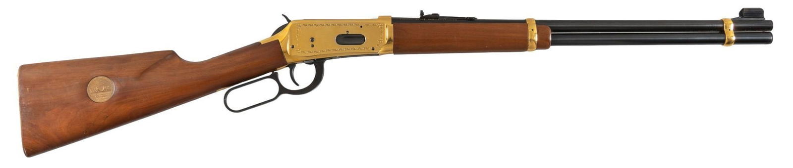 Winchester Model 94 Golden Spike Commemorative Lever Action Rifle: Serial: GS31000 Manufacturer: Winchester (c. 1969) Model: 94 Golden Spike Commemorative Caliber: 30-30 Win Barrel length: 20 in. OAL: 38 in. Condition: Good; wood stock has light handling marks; barre