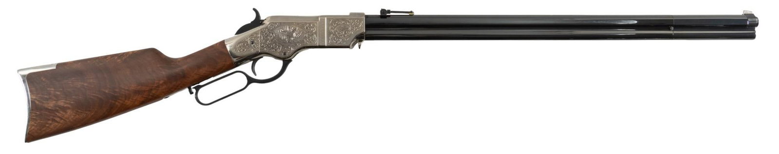 Gorgeous New Original Henry Silver Deluxe 1 of 1000 44-40 Lever Action Rifle: Serial: BTH0331SD Manufacturer: Henry Repeating Arms Model: 1860 New Original Henry Caliber: 44-40 Barrel length: 24.5 in. OAL: 44 in. Condition: Excellent: exhibition grade Walnut stock has near no h
