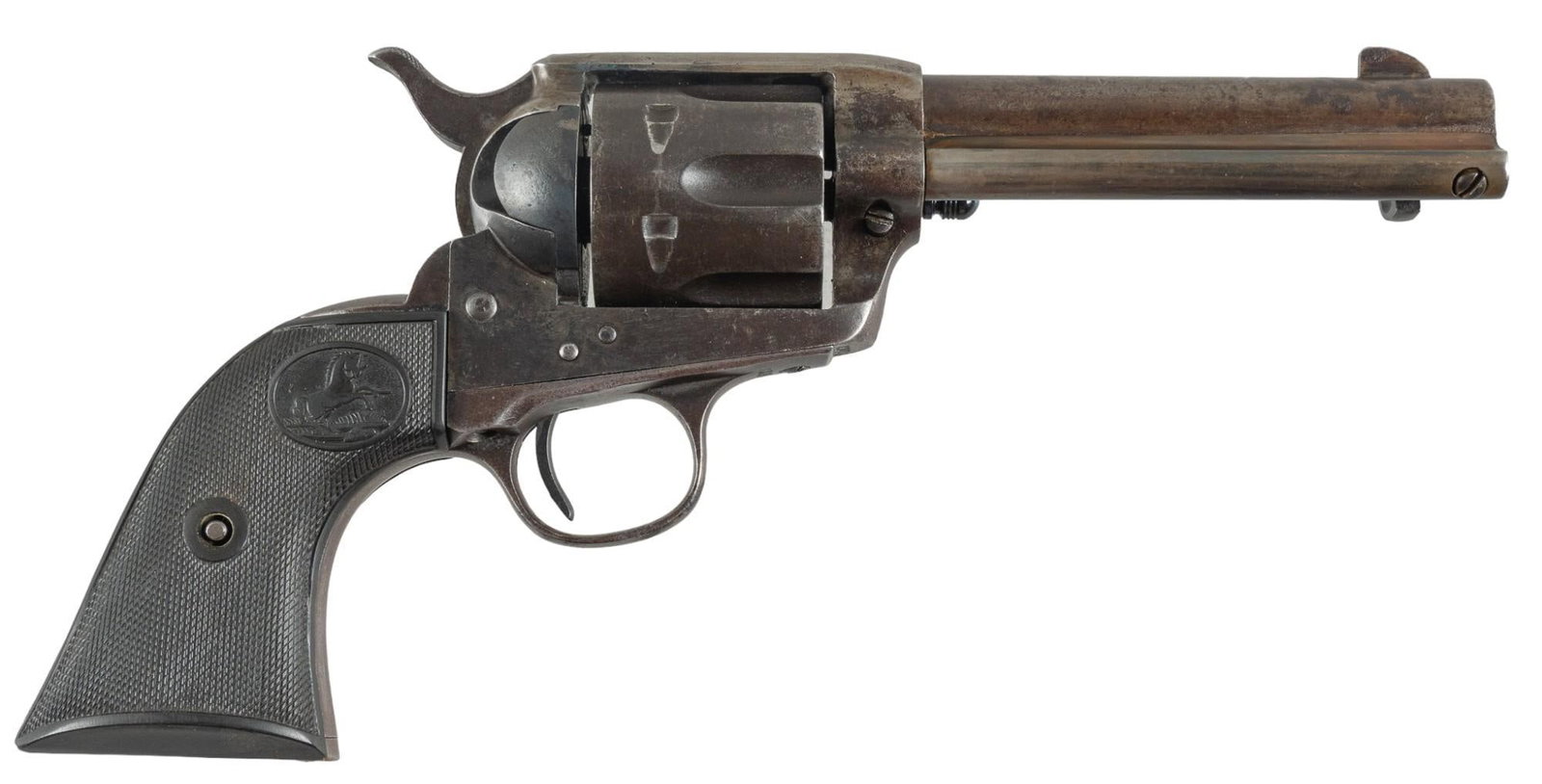 Colt 1873 Single Action Army 32-20 WCF Revolver with Tooled Holster: Serial: 329746 Manufacturer: Colt's PT. F.A. Mfg. Co. (c.1915) Model: 1873 Single Action Army Caliber: 32-20 Barrel length: 4.75 In OAL: 10.5 In Condition: Refinished - Fair: hard rubber grips hav