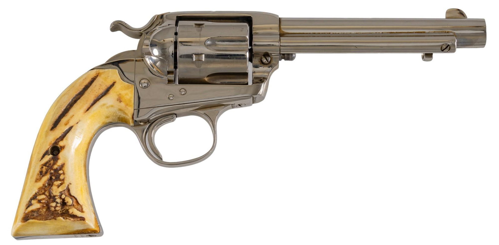 Nickel Colt SAA Bisley Model 45 LC Revolver: Serial: 300878 Manufacturer: Colt's PT. F.A. Mfg. Co. (c. 1907) Model: Bisley Single Action Army Caliber: 45 Colt Barrel length: 5.5 in. OAL: 10.75 in. (case: 15.5 x 8 x 2.75 in.) Condition: Very 
