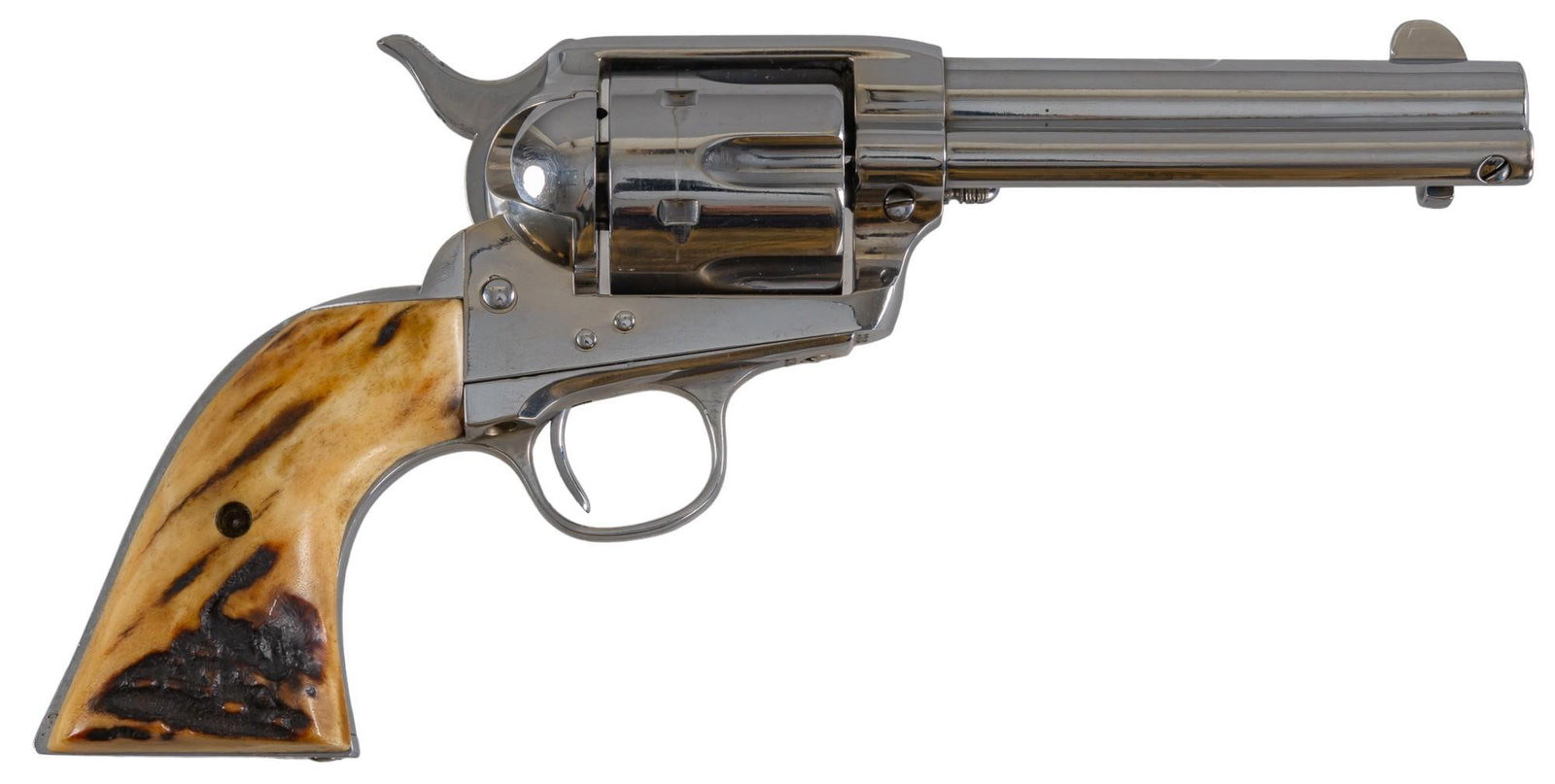 Nickel Colt Single Action Army 38 WCF Revolver: Serial: 273762 Manufacturer: Colt's PT. F.A. Mfg. Co. (c. 1906) Model: Single Action Army (Early Smokeless) Caliber: 38 WCF Barrel length: 4.75 in. OAL: 10.5 in. Condition: Good; early stag antler