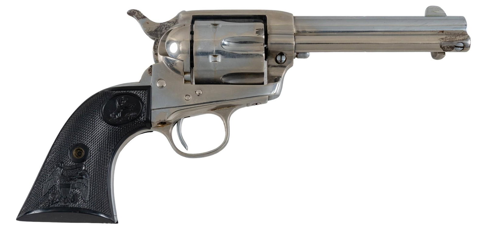 Nickel Colt Single Action Army 38 WCF Revolver: Serial: 306699 Manufacturer: Colt's PT. F.A. Mfg. Co. (c. 1908) Model: Single Action Army Caliber: 38-40 WCF Barrel length: 4.75 in. OAL: 10.25 in. Condition: Fair; plastic grips have light handli
