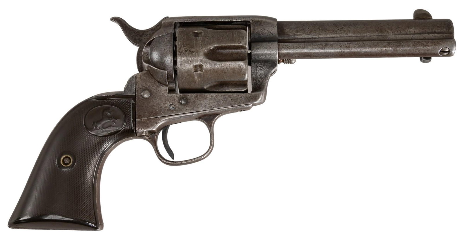 Antique Colt 1873 Single Action Army 45 LC Revolver: Serial: 103981 Manufacturer: Colt's PT. F.A. Mfg. Co. (c. 1884) Model: 1873 Single Action Army Caliber: 45 LC Barrel length: 4.75 in. OAL: 10.25 in. Condition: Fair/Good-Antique; hard rubber grips