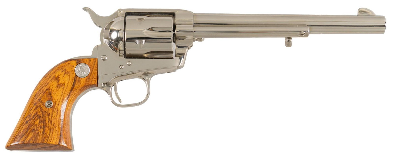 Like New Cased Nickel Colt SAA Frontier Six Shooter 44-40 Revolver: Serial: SA66975 Manufacturer: Colt's PT. F.A. Mfg. Co. (c. 1984) Model: SAA Frontier Six Shooter 3rd Gen Caliber: 44-40 Barrel length: 7.5 in. OAL: 13.25 in. (case: 15.5 x 11 x 3 in.) Condition: Excel