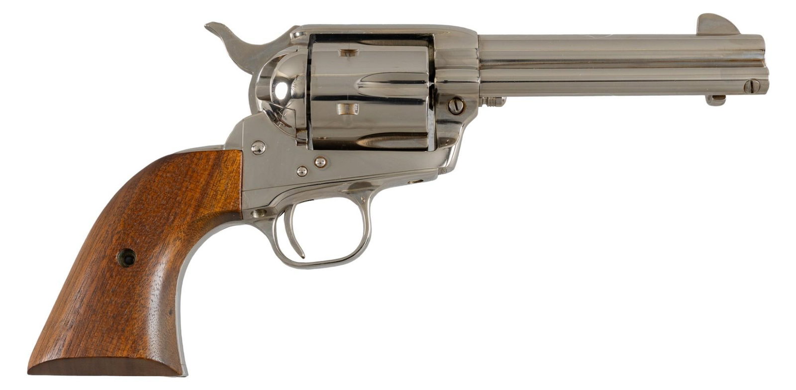 Excellent Nickel Colt SAA 3rd Gen 44 SPL Revolver: Serial: SA29524 Manufacturer: Colt's PT. F.A. Mfg. Co. Model: Single Action Army 3rd Gen Caliber: 44 SPL Barrel length: 4.75 in. OAL: 10 in. Condition: Excellent; wood grips have very light handli