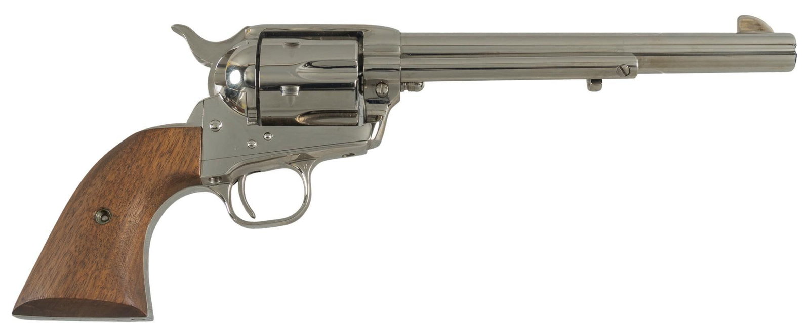 Colt 1873 Single Action Army Nickel Plated 45 LC Revolver: Serial: SA64875 Manufacturer: Colt's PT. F.A. Mfg. Co. (c. 1983) Model: Single Action Army Caliber: 45 Long Colt Barrel length: 7.5 in. OAL: 13 in. Condition: Excellent: Walnut grips have very lig