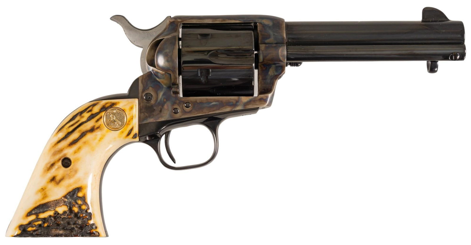 Colt SAA 45 Colt Revolver W/ Beautiful Mexican Charreada Holster: Serial: S03456A Manufacturer: Colt's PT. F.A. Mfg. Co. (c. 1993) Model: Single Action Army Caliber: 45 Long Colt Barrel length: 4.75 in. OAL: 10.5 in. Condition: Excellent: Staghorn grips have no 
