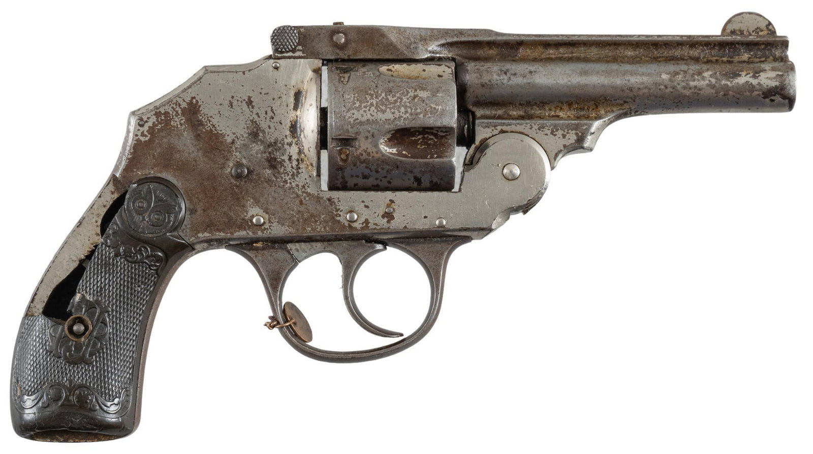 YO Ranch Tagged Iver Johnson Adams Express Co. Marked Revolver: Serial: D15818 Manufacturer: Iver Johnson's Arms & Cycle Works (c. 1895-1896) Model: First Model Hammerless Caliber: 38 CF Barrel length: 3.25 in. OAL: 7.75 in. Condition: Good; hard rubber grips have