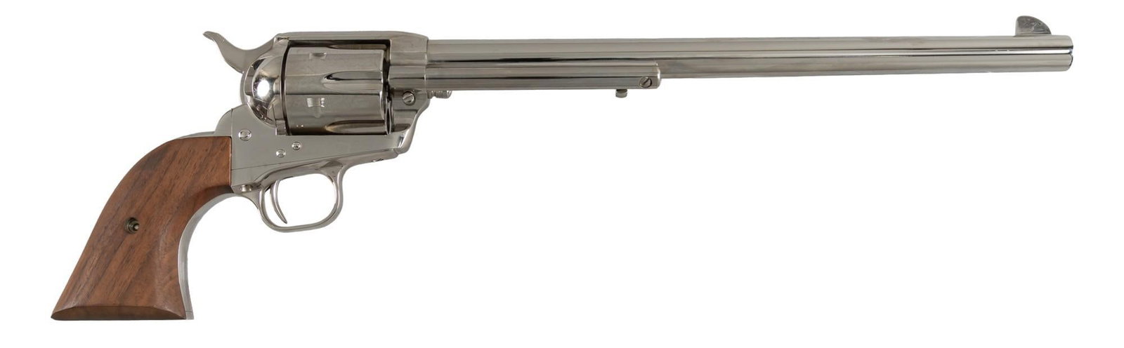 Colt Single Action Army Buntline Special Nickel Plated 45 LC Revolver: Serial: SA40159 Manufacturer: Colt's PT. F.A. Mfg. Co. Model: Single Action Army Buntline Special Caliber: 45 Long Colt Barrel length: 12 in. OAL: 17.5 in. Condition: Excellent: Walnut grips have 