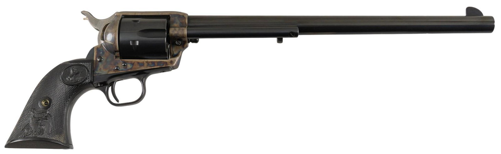 Colt Single Action Army Buntline Special 45 LC Revolver: Serial: SA43998 Manufacturer: Colt's PT. F.A. Mfg. Co. Model: Single Action Army Buntline Special Caliber: 45 Long Colt Barrel length: 12 in. OAL: 17.5 in. Condition: Excellent: Walnut grips have 