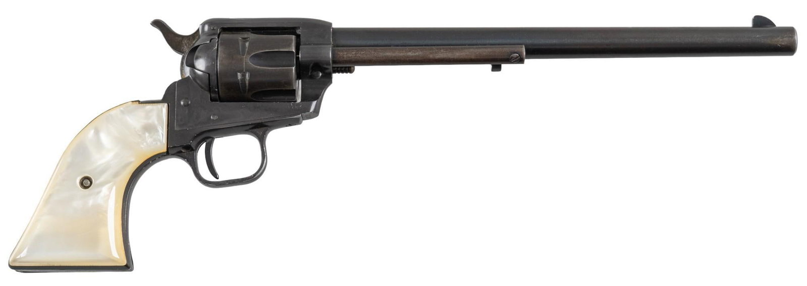Colt Single Action Buntline Scout 22LR Revolver: Serial: 70288F Manufacturer: Colt's PT. F.A. MFG. Co. (c. 1959) Model: Single Action Buntline Scout Caliber: 22 LR Barrel length: 9.5 in. OAL: 14.5 in. Condition: Good; pearlite grips have light w