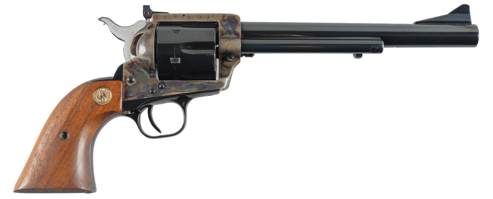 Colt New Frontier Single Action Army 44 Special Revolver: Serial: 06844NF Manufacturer: Colt's PT. F.A. Mfg. Co. (c.1970) Model: New Frontier Single Action Army Caliber: 44 Special Barrel length: 7.5 in. OAL: 13 in. Condition: Excellent: Walnut grips hav