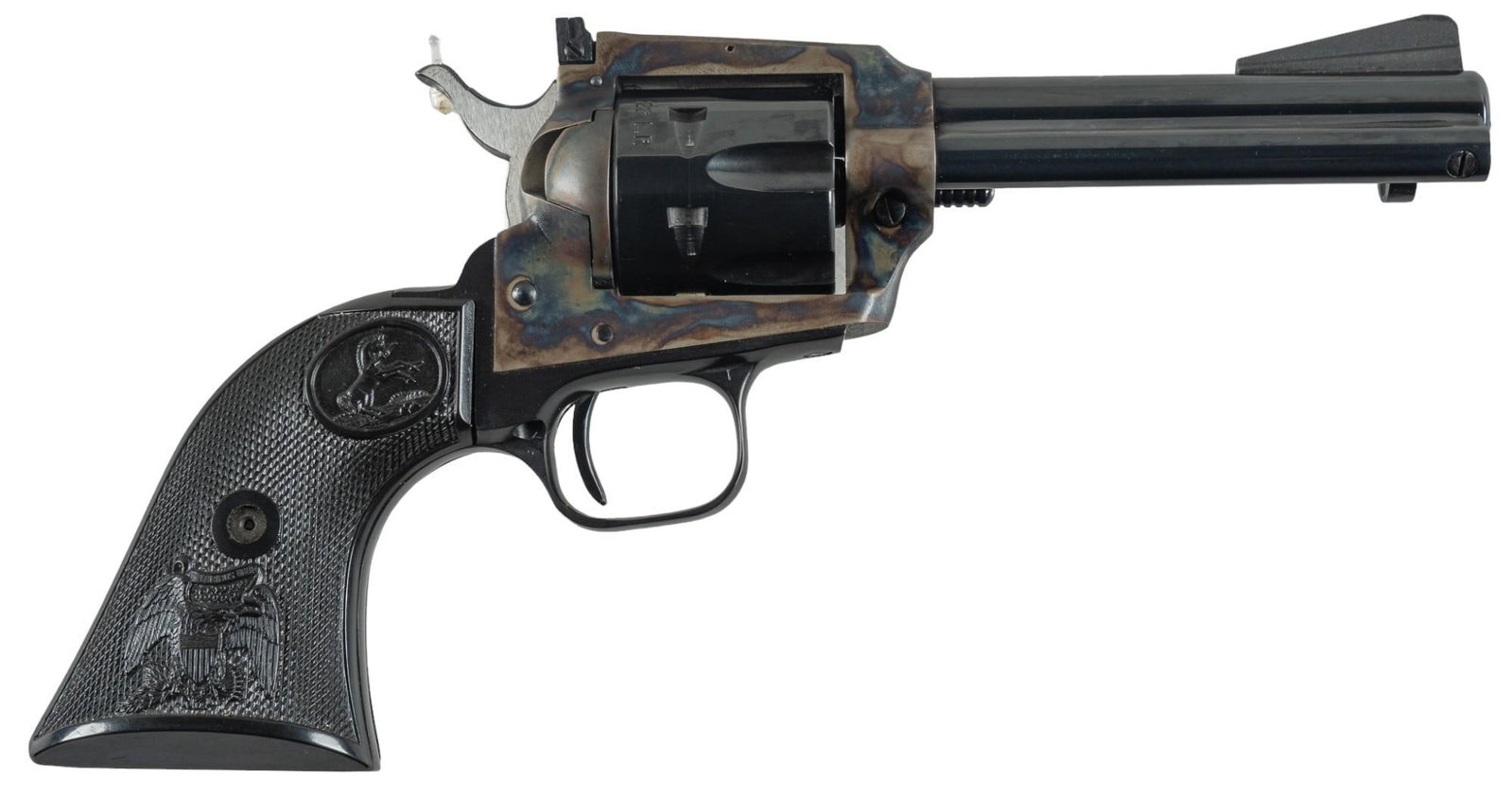 Colt New Frontier Single Action 22 LR Revolver: Serial: G182517 Manufacturer: Colt's PT. F.A. Mfg. Co. (c.1976) Model: New Frontier 22 Caliber: 22 LR Barrel length: 4.25 in. OAL: 10 in. Condition: Excellent: black grips have only very light han