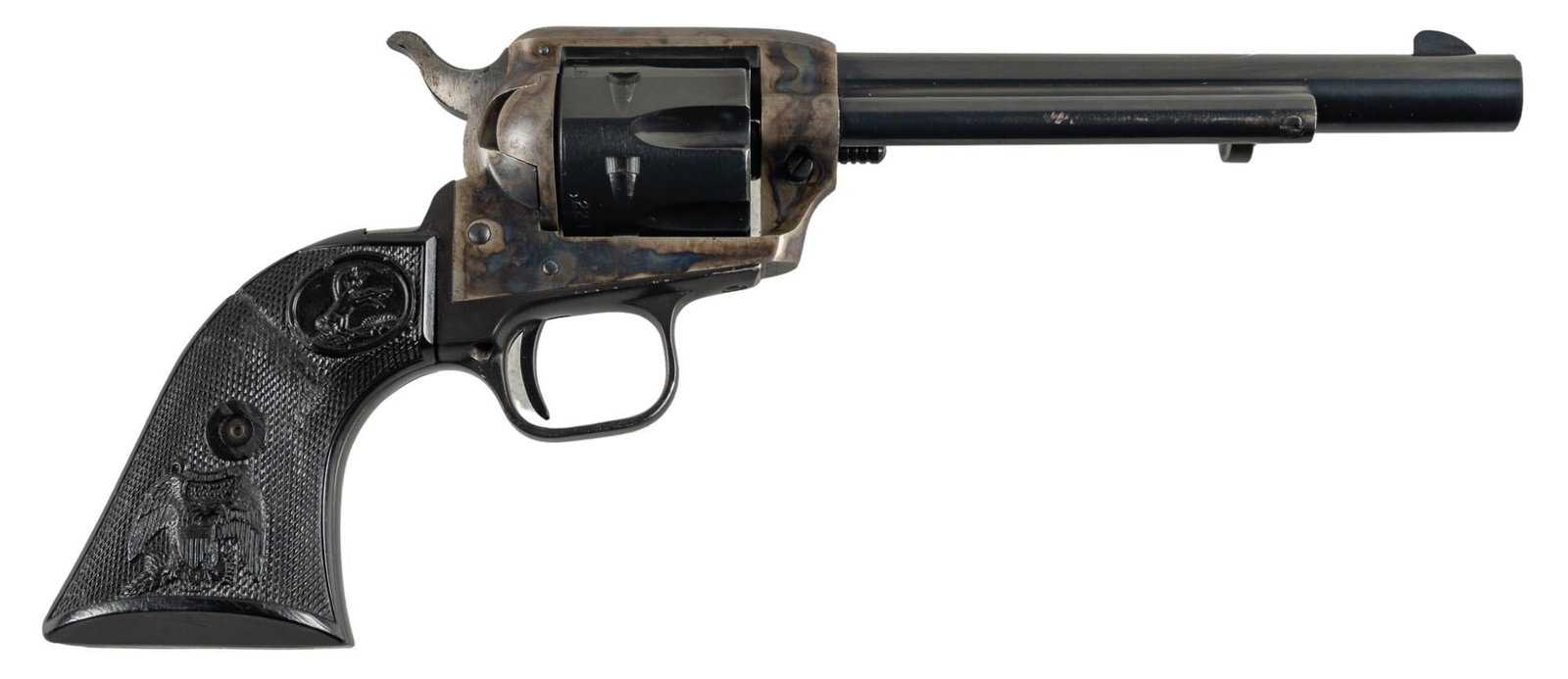Colt Peacemaker 22 LR Revolver: Serial: G128916 Manufacturer: Colt's PT. F.A. Mfg. Co. (c. 1975) Model: Peacemaker Caliber: 22 LR Barrel length: 6 in. OAL: 11.5 in. Condition: Very Good; plastic grips have moderate handling mark