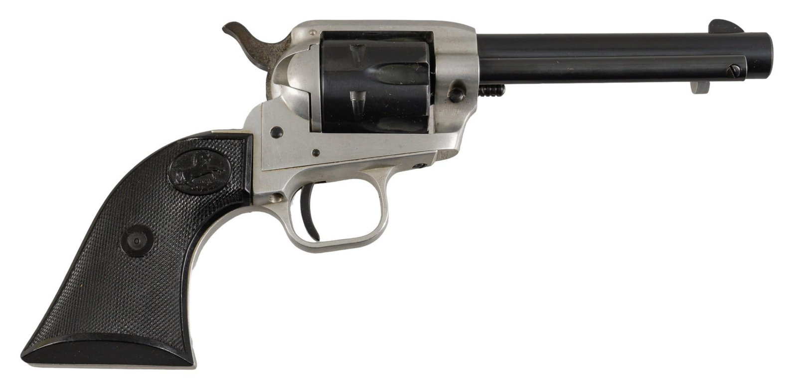 Colt Single Action Frontier Scout 22 LR Revolver: Serial: 21359F Manufacturer: Colt's PT. F.A. Mfg. Co. (c. 1958) Model: Single Action Frontier Scout Caliber: 22 LR Barrel length: 4.75 in. OAL: 10 in. Condition: Good; plastic grips have light han