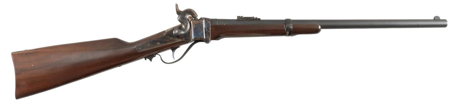 Armi San Marco 1874 Sharps 54 Cal. Percussion Falling Block Carbine: Serial: 35585 Manufacturer: Armi San Marco-Italy Model: Sharps Falling Block Caliber: 54 Cal. Barrel length: 22.25 in. OAL: 39.5 in. Condition: Good; wood stock has light handling marks; barrel has li