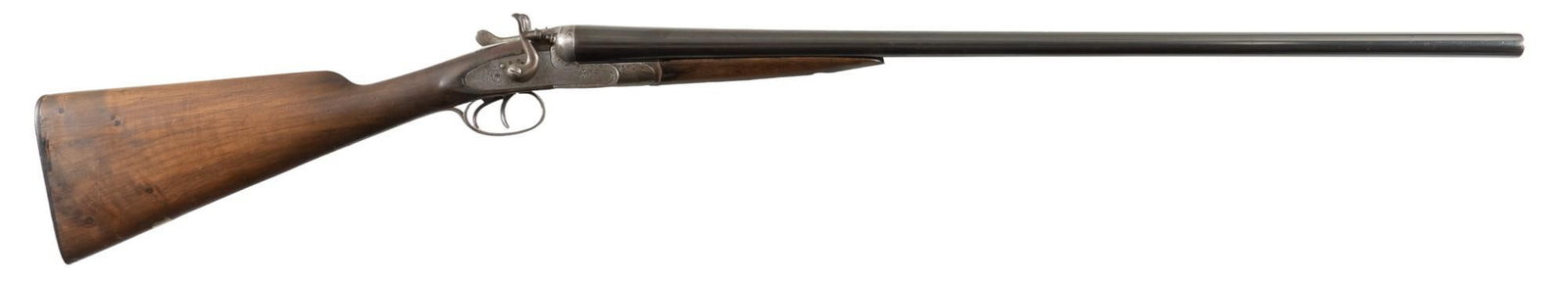English W.R. Pape 12 Gauge SXS Shotgun: Serial: 12323 Manufacturer: W.R. Pape-England Model: Side by Side Caliber: 12GA Barrel length: 30 in. OAL: 47 in. Condition: Fair to Good; wooden stock & forend have moderate wear & handling m