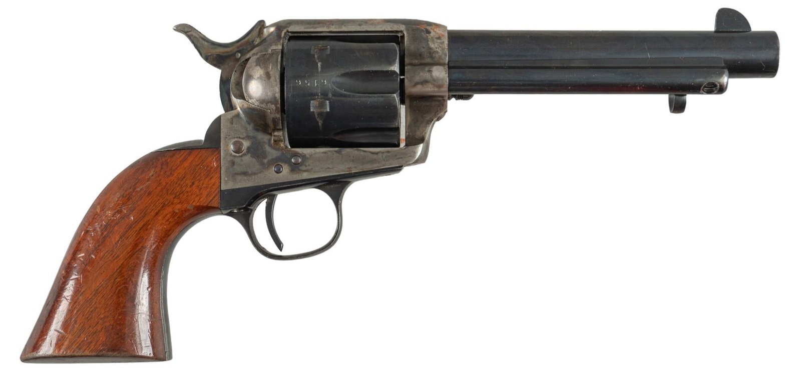 Uberti Cattleman 1873 SAA 45LC/ACP Revolver: Serial: 186156 Manufacturer: Uberti-Italy / Cimarron-Fredericksburg, TX Model: Cattleman 1873 SAA Caliber: 45 LC / 45 ACP Barrel length: 5.5 in. OAL: 11.5 in. Condition: Fair to Good; wood grips show 