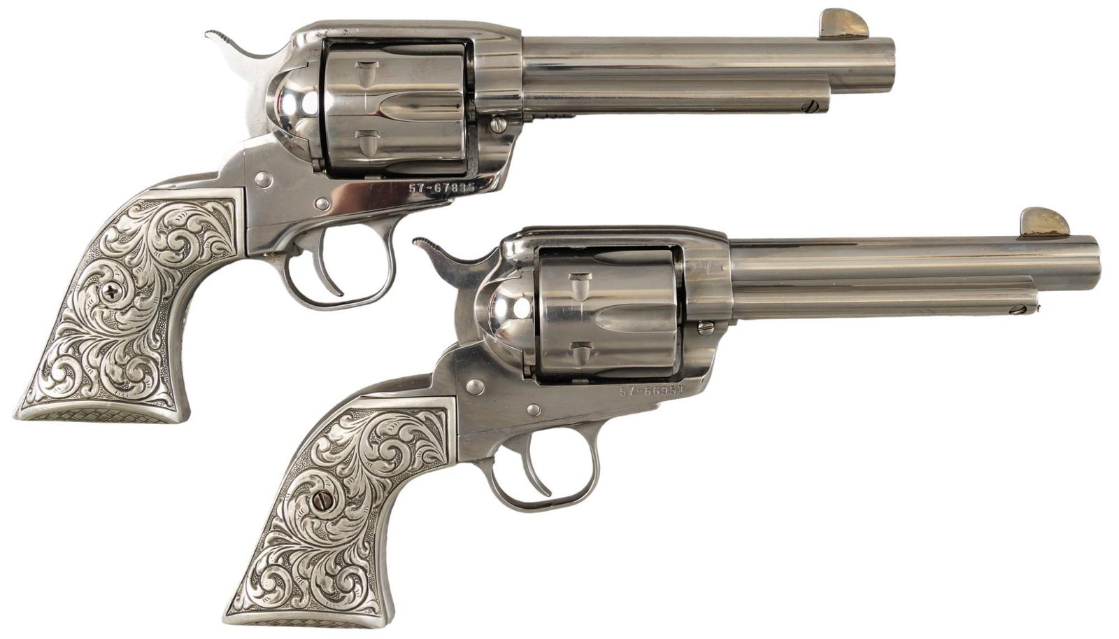 Pair of Ruger Vaquero 45 Colt Revolvers: Serial: (1) 57-66951 ; (2) 57-67835 Manufacturer: Sturm, Ruger & Co. (c. 2000) Model: Vaquero Caliber: 45 Colt Barrel Length: (1) 5.5 in.; (2) 5.5 in. OAL: (1) 11 in.; (2) 11 in. Condition: Very G