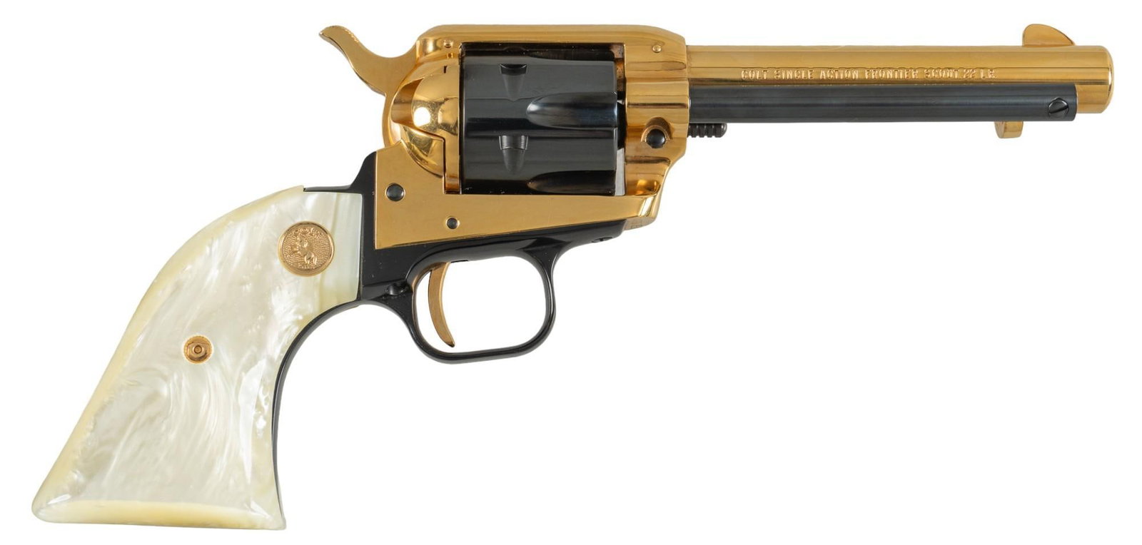 Cased Colt Nebraska Centennial Frontier Scout 22LR Revolver: Serial: 4996NEB Manufacturer: Colt's PT. F.A. MFG. Co. Model: Frontier Scout Nebraska Centennial Caliber: 22LR Barrel length: 4.5 in. OAL: 10 in. Condition: Excellent-Like New in Box; faux pearl g