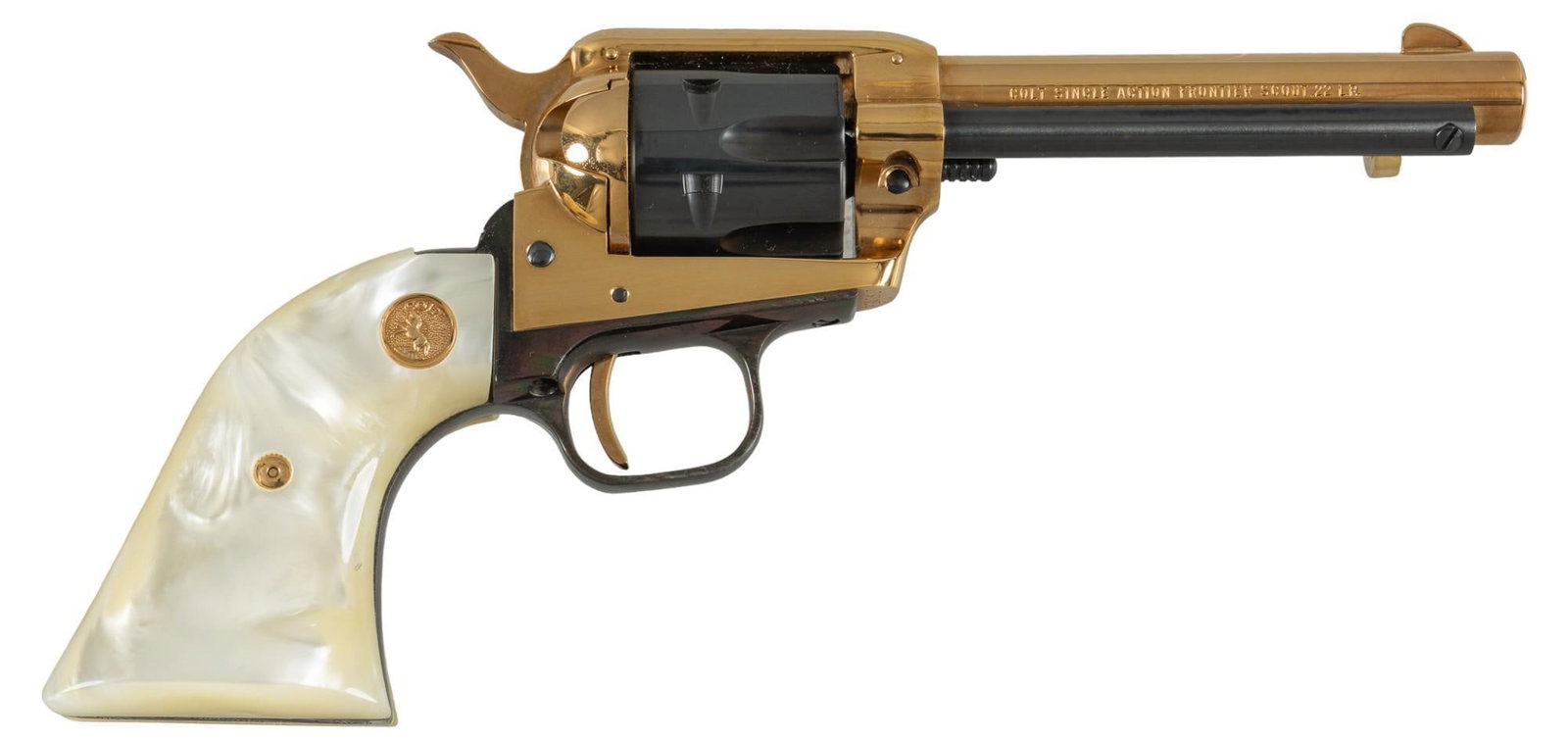 Cased Colt Nebraska Centennial Frontier Scout 22LR Revolver: Serial: 1791NEB Manufacturer: Colt's PT. F.A. MFG. Co. Model: Frontier Scout Nebraska Centennial Caliber: 22LR Barrel length: 4.5 in. OAL: 10 in. Condition: Excellent-Like New in Box; faux pearl g